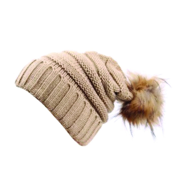 BEANIE SLOUCHY RIB KNIT DESIGN WITH POM POM CAMEL