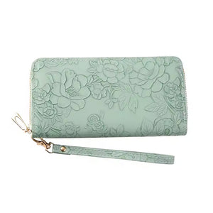 PURSE 1 ZIP WITH FLOWER EMBROIDERY DESIGN GREEN