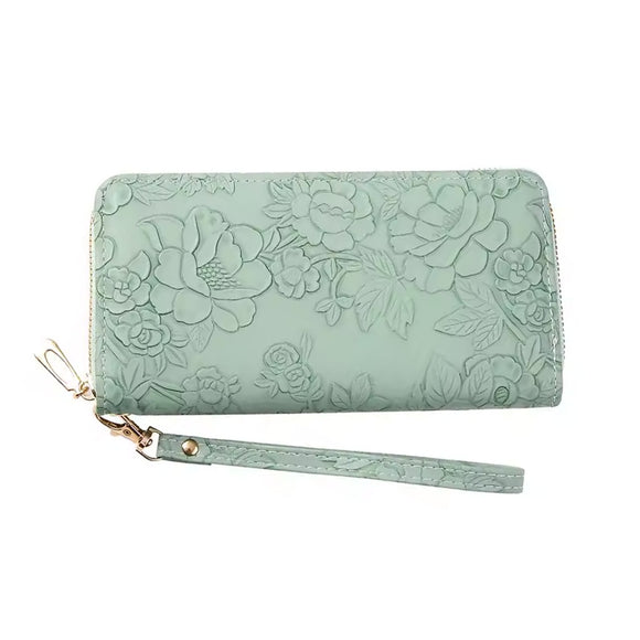 PURSE 1 ZIP WITH FLOWER EMBROIDERY DESIGN GREEN