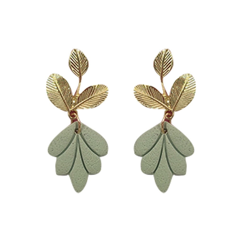 EARRING DOUBLE LEAF DANGLE GOLD AND SAGE GREEN