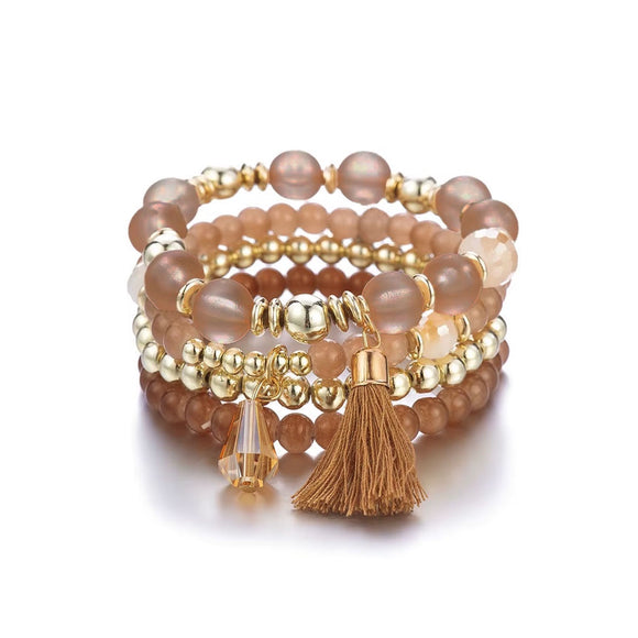 BRACELET 4 ROW GOLD AND BEIGE WITH TASSEL