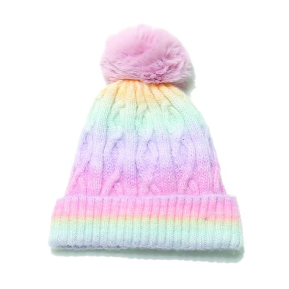 BEANIE RIB KNIT DESIGN PASTEL OMBRE WITH POM POM AND LINING