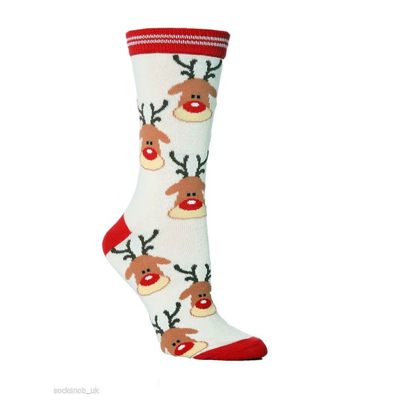 XMAS SOCKS WITH REINDEER FACES ON WHITE