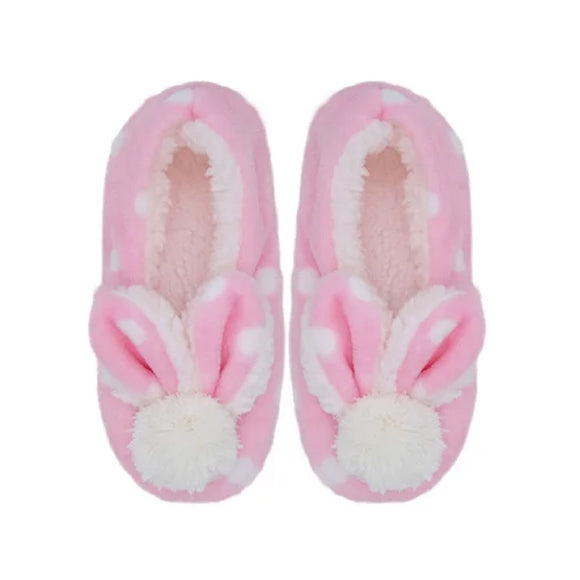 SLIPPERS FLUFFY PINK WITH WHITE SPOTS AND BUNNY EARS