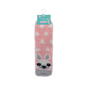 SOCKS FLUFFY PINK WITH WHITE DOTS AND BUNNY FACE