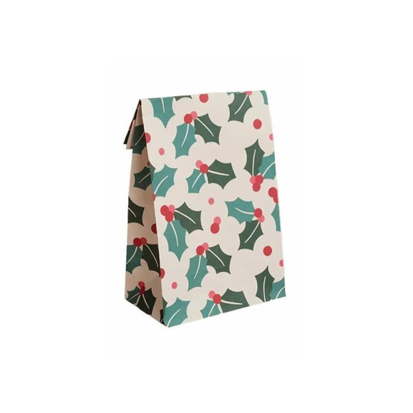 XMAS PAPER GIFT BAG GUSSET HOLLY ON CREAM