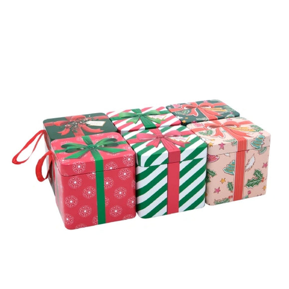 XMAS DECOR HANGING SQUARE TIN WITH BOW ASSORTED