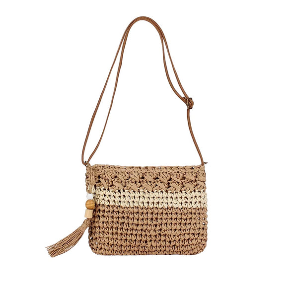 CROSS BODY BAG STRAW CROCHET STYLE WITH STRIPE AND TASSLE NATURAL BROWN