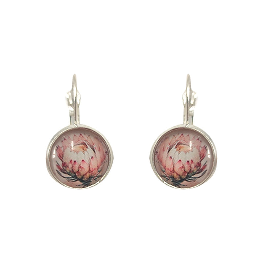 EARRING SILVER PROTEA ROUND DOME DROP BALLET PINK
