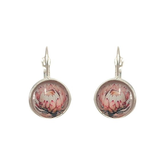 EARRING SILVER PROTEA ROUND DOME DROP BALLET PINK