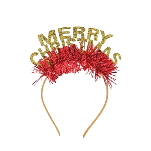 XMAS HEAD BAND WITH RED TINSEL AND MERRY CHRISTMAS GOLD GLITTER