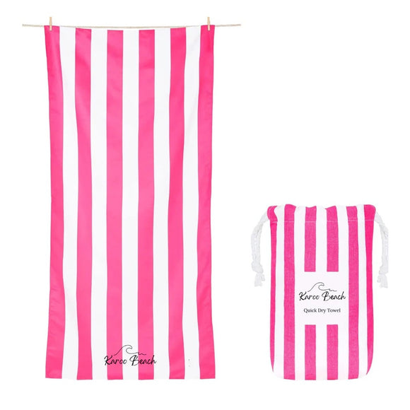 BEACH TOWEL MICROFIBRE IN BAG HOT PINK STRIPE