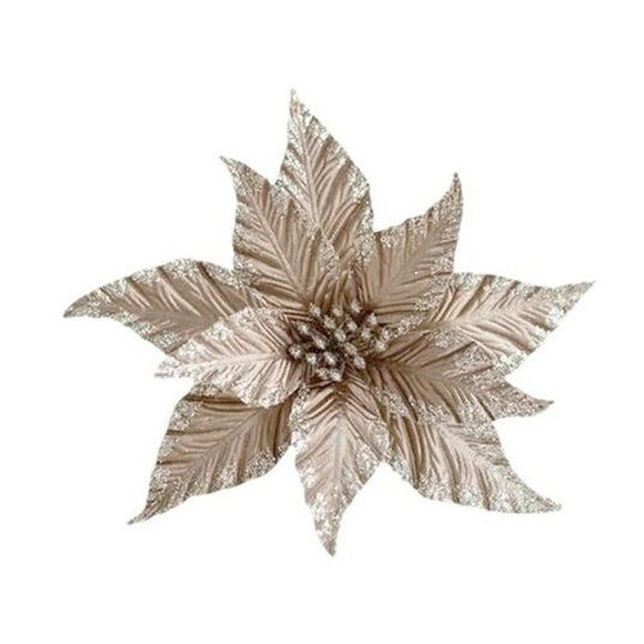 XMAS DECOR FLOWER LARGE WITH GLITTER EDGE DETAIL IN CHAMPAGNE