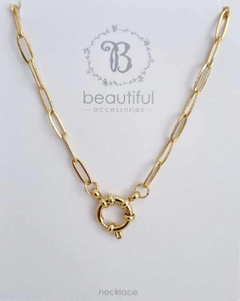 NECKLACE STAINLESS STEEL GOLD PAPERCLIP CHAIN WITH FEATURE CLASP