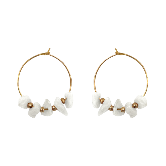 EARRING HOOP GOLD WITH STONE BEADS WHITE
