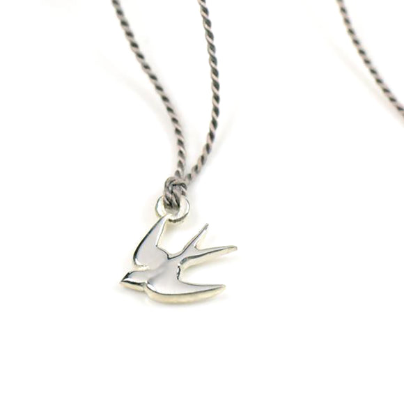 NECKLACE SILVER SWALLOW ON GREY SILK