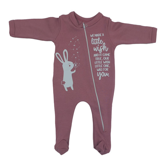 BABY GROW WITH ZIPPER LONG SLEEVE DUSTY PINK BUNNY