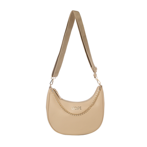 SHOULDER BAG HALF MOON WITH GOLD CHAIN & PLAIN WEBBING STRAP BEIGE