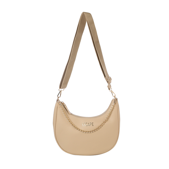 SHOULDER BAG HALF MOON WITH GOLD CHAIN & PLAIN WEBBING STRAP BEIGE