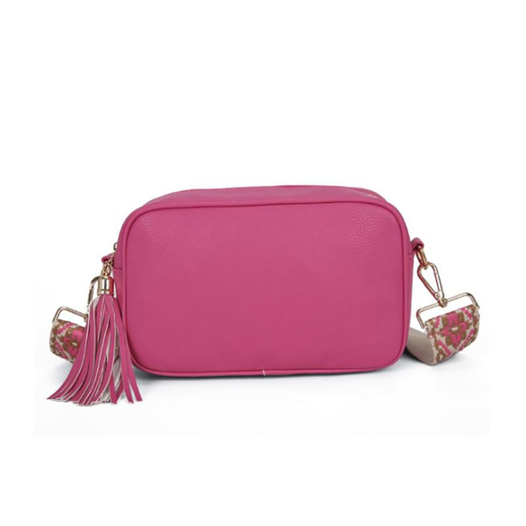 CROSS BODY LRG CAMERA BAG HOT PINK WITH WIDE CARAMEL PINK WOVEN STRAP