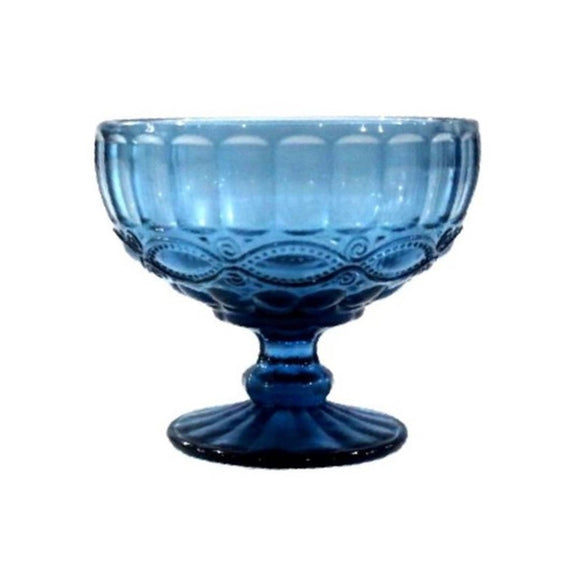 BOWL FOOTED BLUE GLASS WITH DIAMOND PATTERN