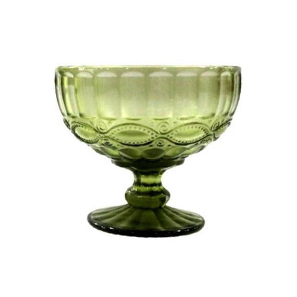 BOWL FOOTED GREEN GLASS WITH VINTAGE PATTERNS