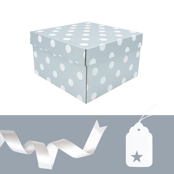 SQUARE GIFT BOX & TAG SILVER GREY DOT