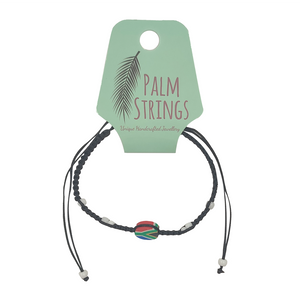 BRACELET PULL STRING BLACK  SA FLAG CHARM WITH WHITE BEADS