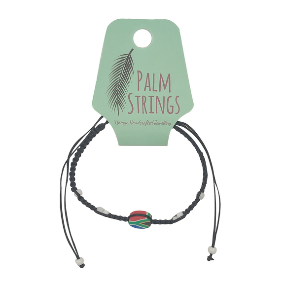 BRACELET PULL STRING BLACK  SA FLAG CHARM WITH WHITE BEADS