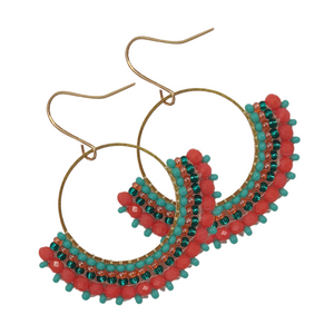 EARRING TOMBI HOOK CORAL AND AQUA ON GOLD