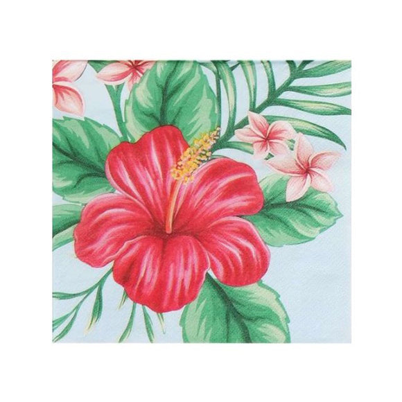 SERVIETTES TROPICAL HIBISCUS ON LIGHT BLUE PK 20