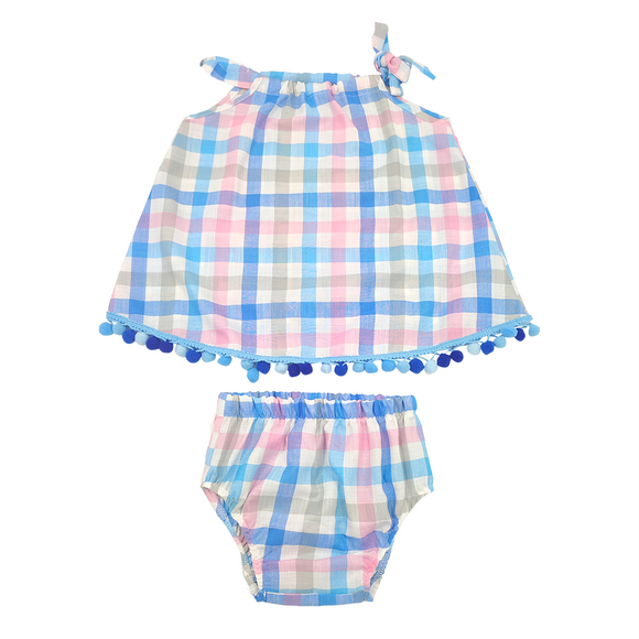 DRESS BLOOMER SET PINK AND BLUE CHECK WITH POM POM TRIM