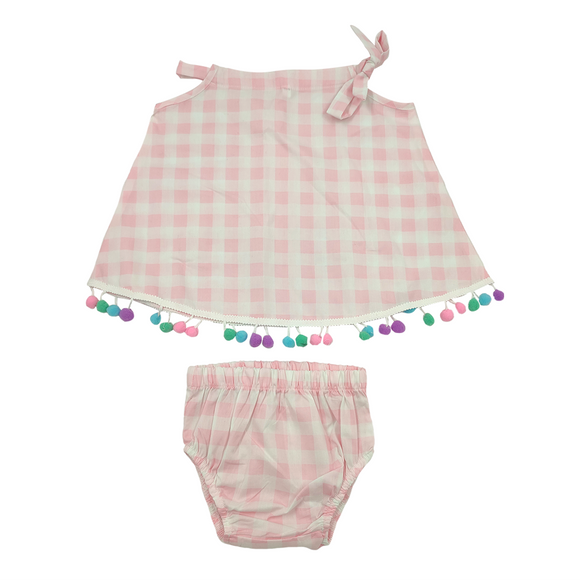 DRESS BLOOMER SET PINK AND WHITE CHECK WITH POM POM TRIM