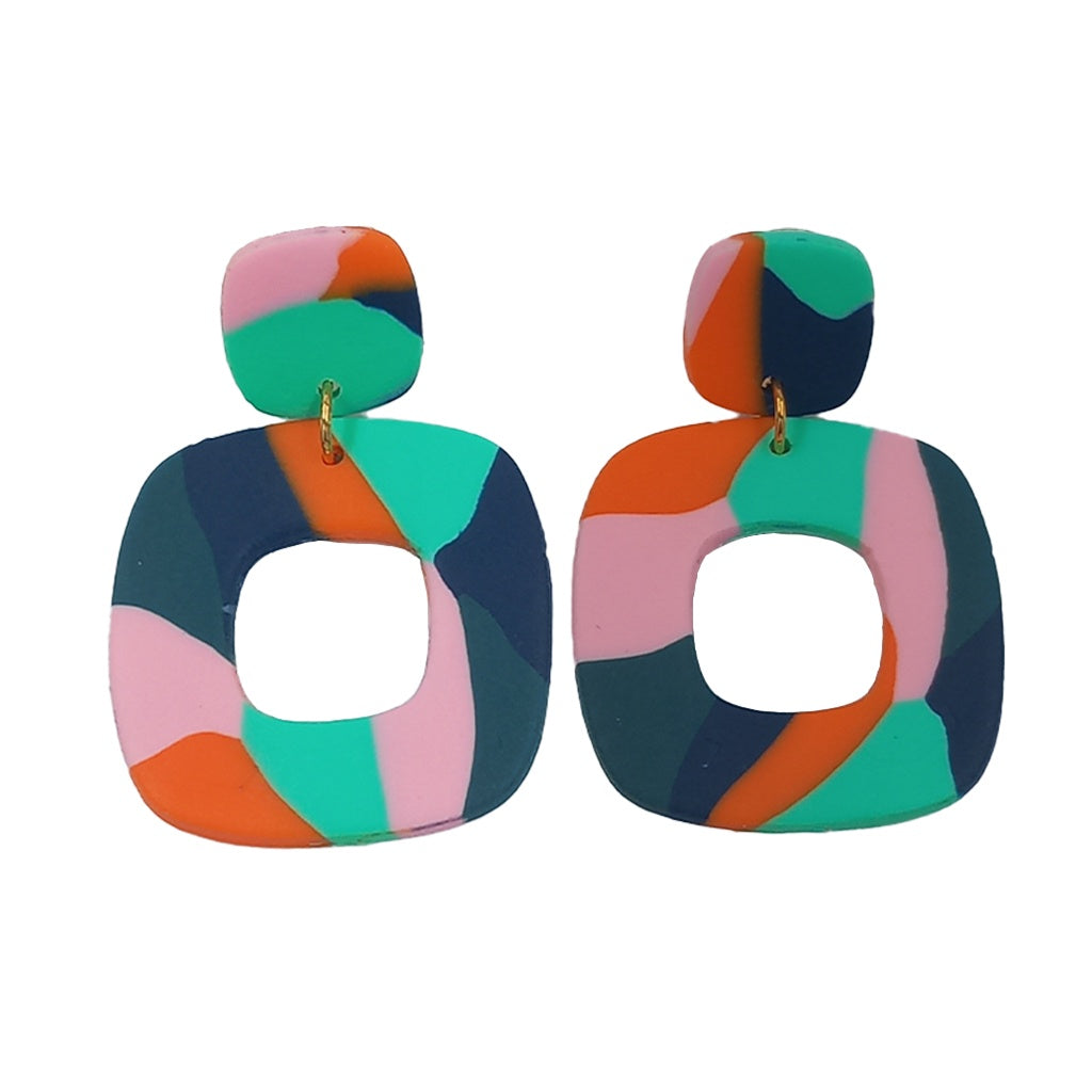 EARRING SQUARE HOOP TURQ, PINK, ORANGE AND GREEN NIKKI'S The Gift Shop