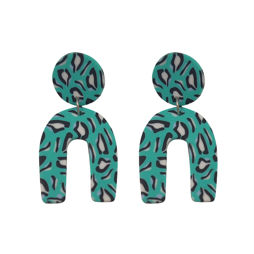 EARRING LEOPARD PRINT HORSE SHOE TEAL