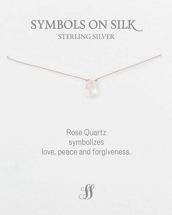 NECKLACE SEMI PRECIOUS ROSE QUARTZ ON GREY SILK