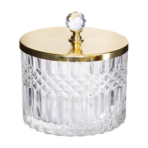 GLASS TRINKET DIAMOND CUT WITH GOLD LID AND CRYSTAL KNOB