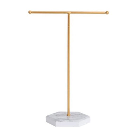 JEWELLERY DISPLAY T-BAR GOLD METAL WITH GREY MARBLE WOOD BASE