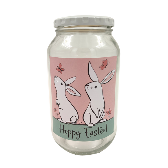 JAR LARGE 750ML WHITE BUNNIES ON CORAL HOPPY EASTER