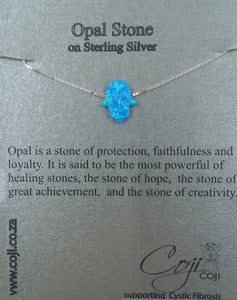 NECKLACE OPAL HAMSA HAND  BLUE ON SILVER CHAIN