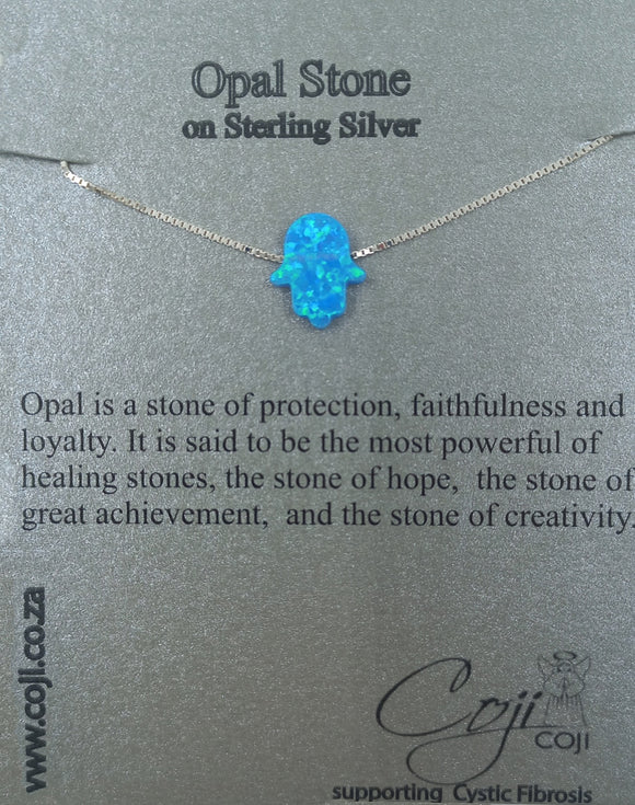 NECKLACE OPAL HAMSA HAND  BLUE ON SILVER CHAIN