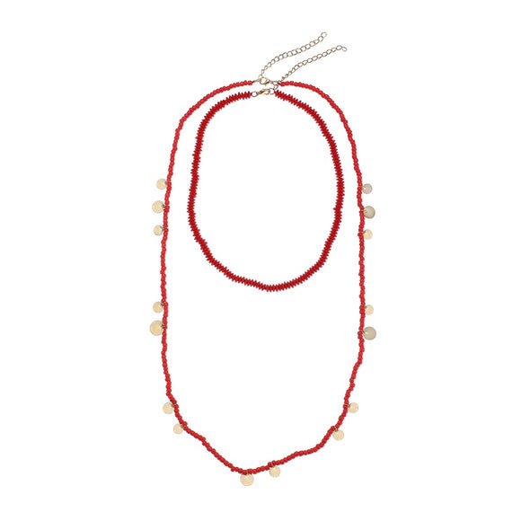 NECK RED GLASS BEADS WITH GOLD DISCS