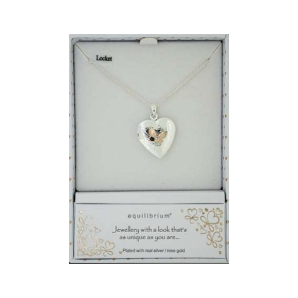 NECKLACE TWO TONE HEART LOCKET WITH BUTTERFLY DETAIL