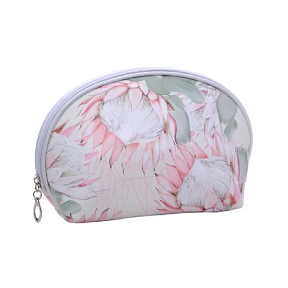 COSMETIC BAG OVAL CREAM WITH PINK PROTEAS