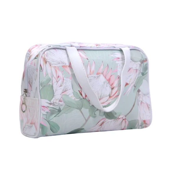 COSMETIC BAG SAGE WITH PINK PROTEAS