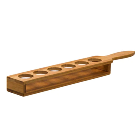 SHOT GLASS TRAY BAMBOO 6 SLOT WITH HANDLE
