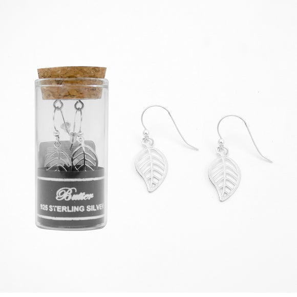 EARRING SILVER VEINED LEAF DANGLE