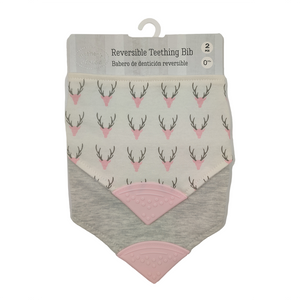 BANDANA TEETHER BIB 2PC GREY AND PINK MOOSE PRINT