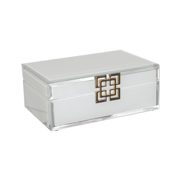 STORAGE BOX LINED WHITE GLASS RECTANGLE WITH GOLD DETAILING