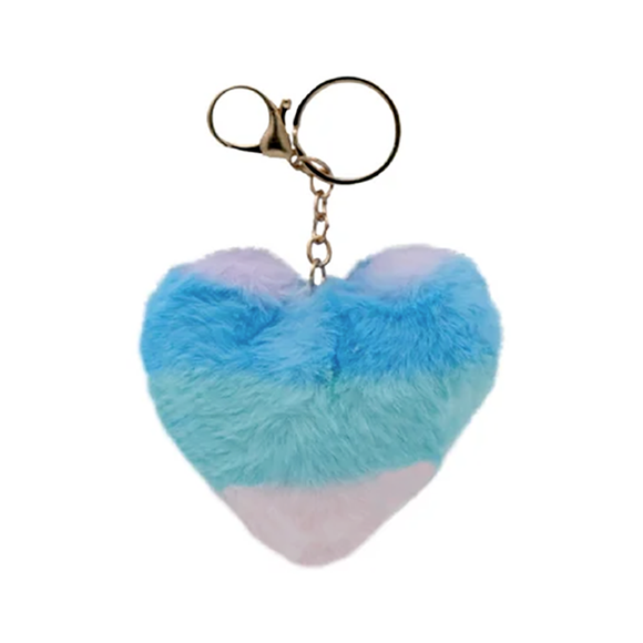 KEYRING FLUFFY POM POM RAINBOW HEART